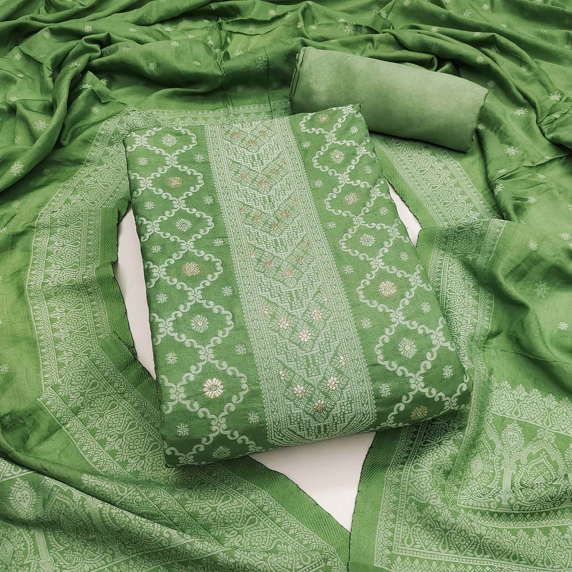 Banarasi Inspired Dark Green Jacquard Fabric for Elegant Ensembles