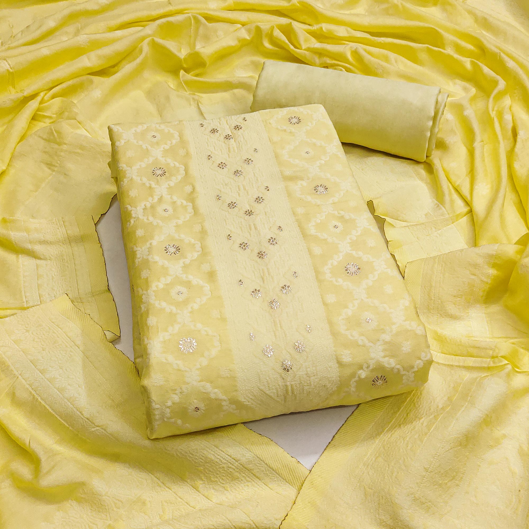 Banarasi Inspired Lemon Yellow Jacquard Fabric for Elegant Ensembles
