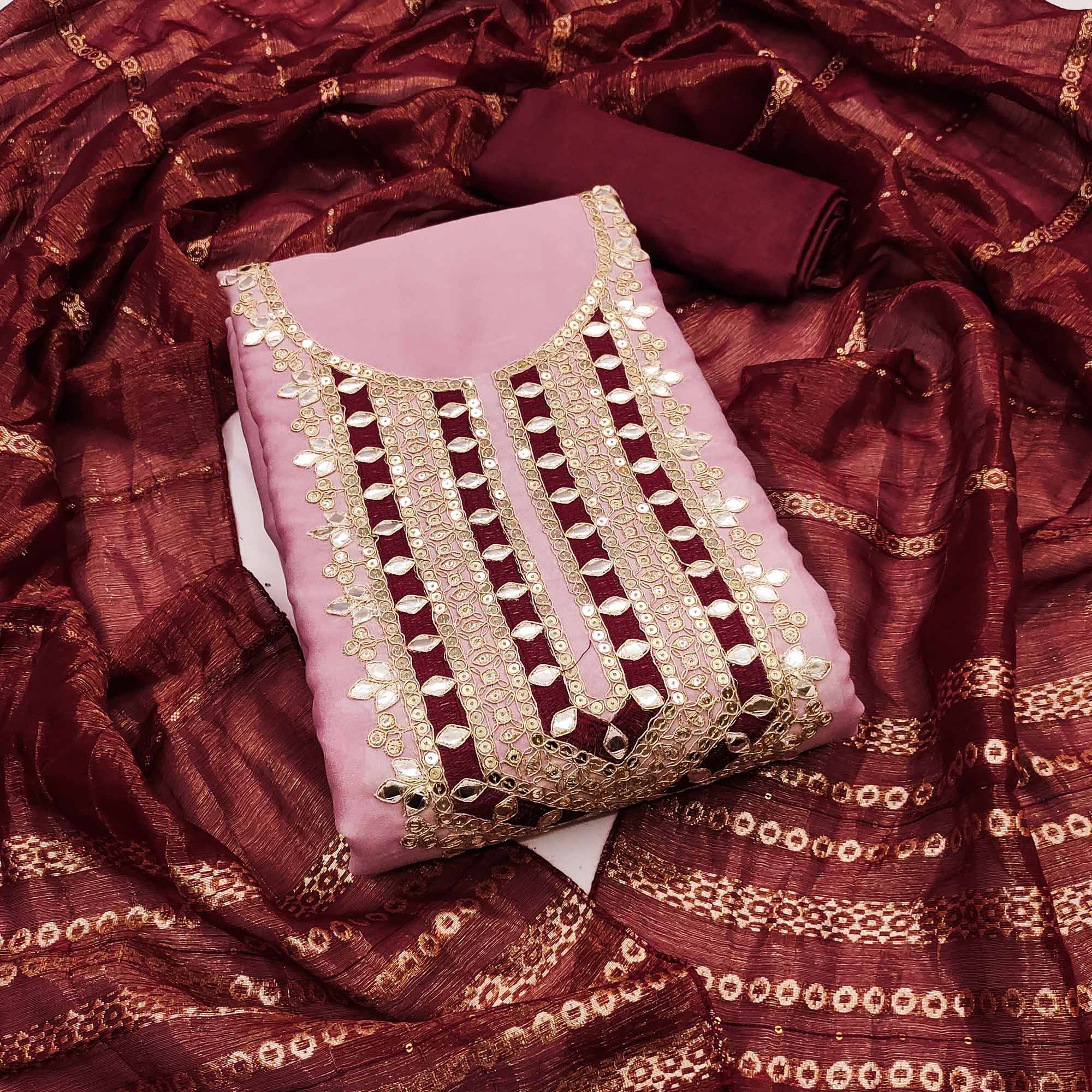 Pink Georgette Suit Material with Beautiful Thread Work Embroidery