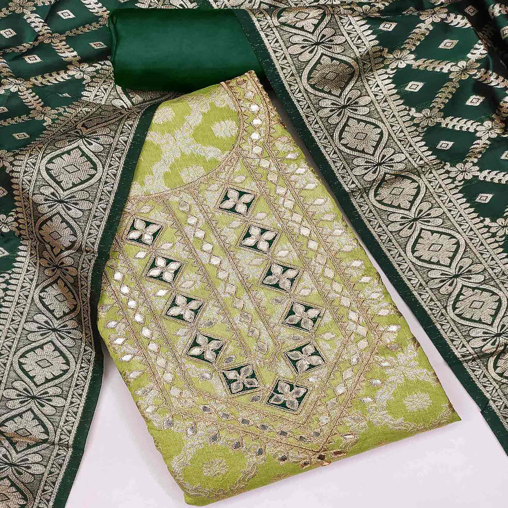 Green Floral Weaving Jacquard Dress Material With Cording & Gota Patti Work