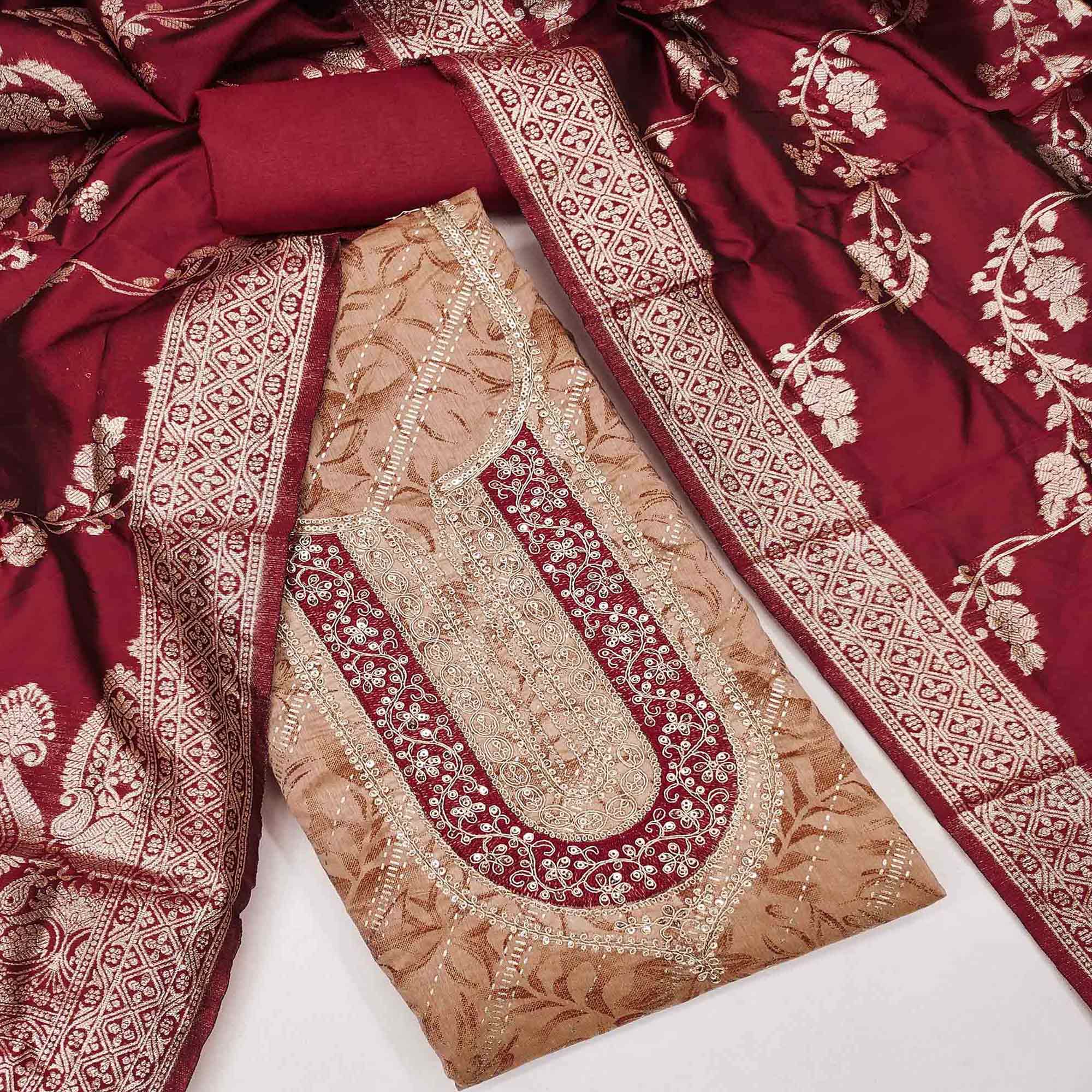 Dusty Peach Printed Chanderi Silk Dress Material With Elegant Sequins & Cording Embroidery