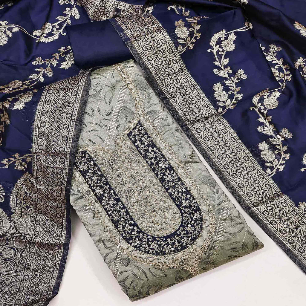 Grey Printed Chanderi Silk Dress Material With Elegant Sequins & Cording Embroidery
