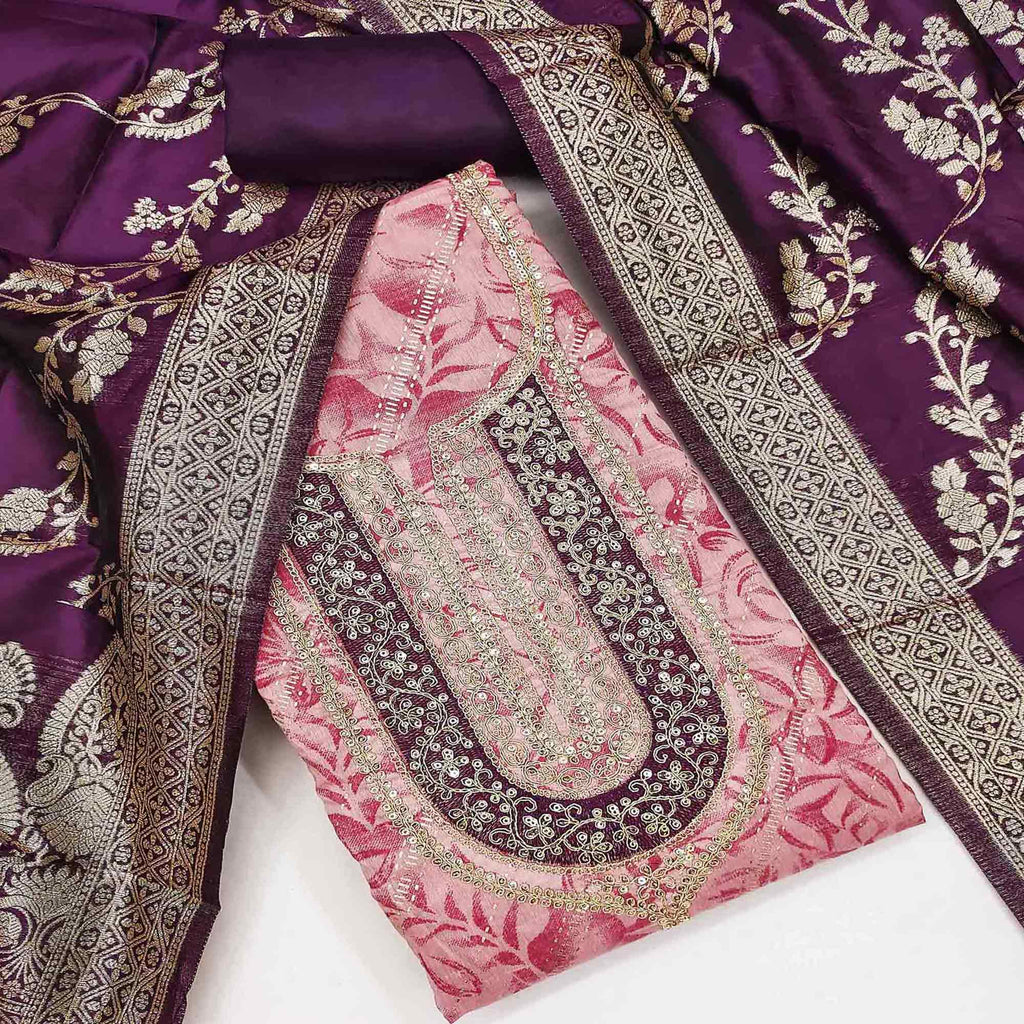 Pink Printed Chanderi Silk Dress Material With Elegant Sequins & Cording Embroidery