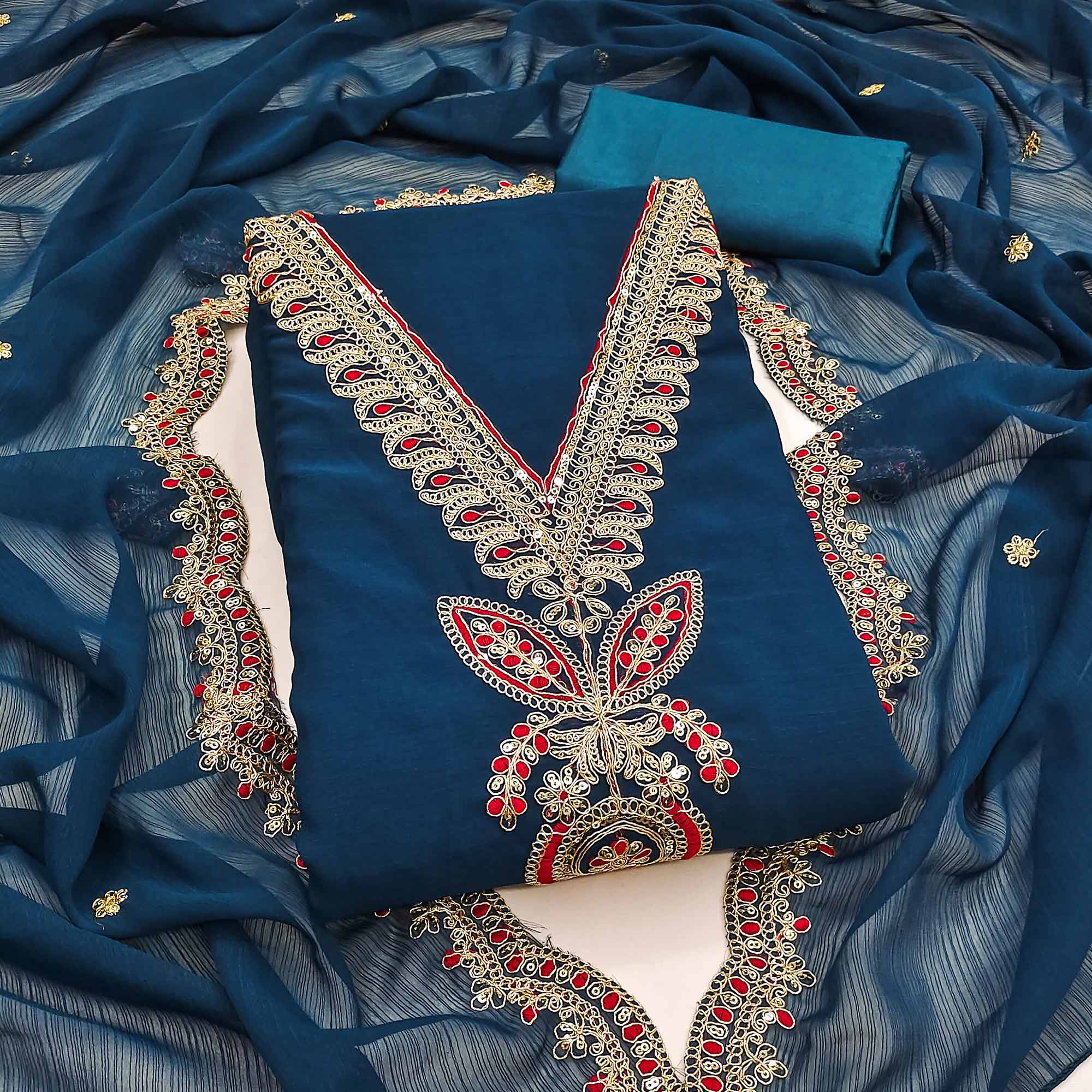 Morpich Blue Ensemble In Zomato Art Silk Adorned With Cording Floral Embroidery & Sparkling Sequins