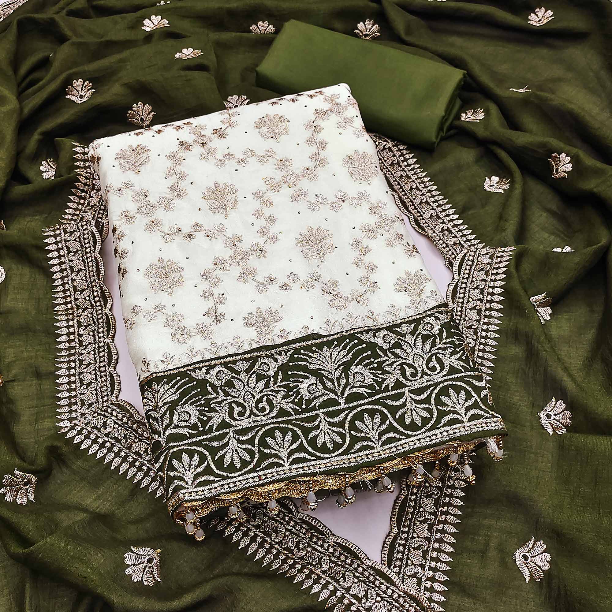 Offwhite & Green Vichitra Silk Dress Material With Intricate Floral Zari Work