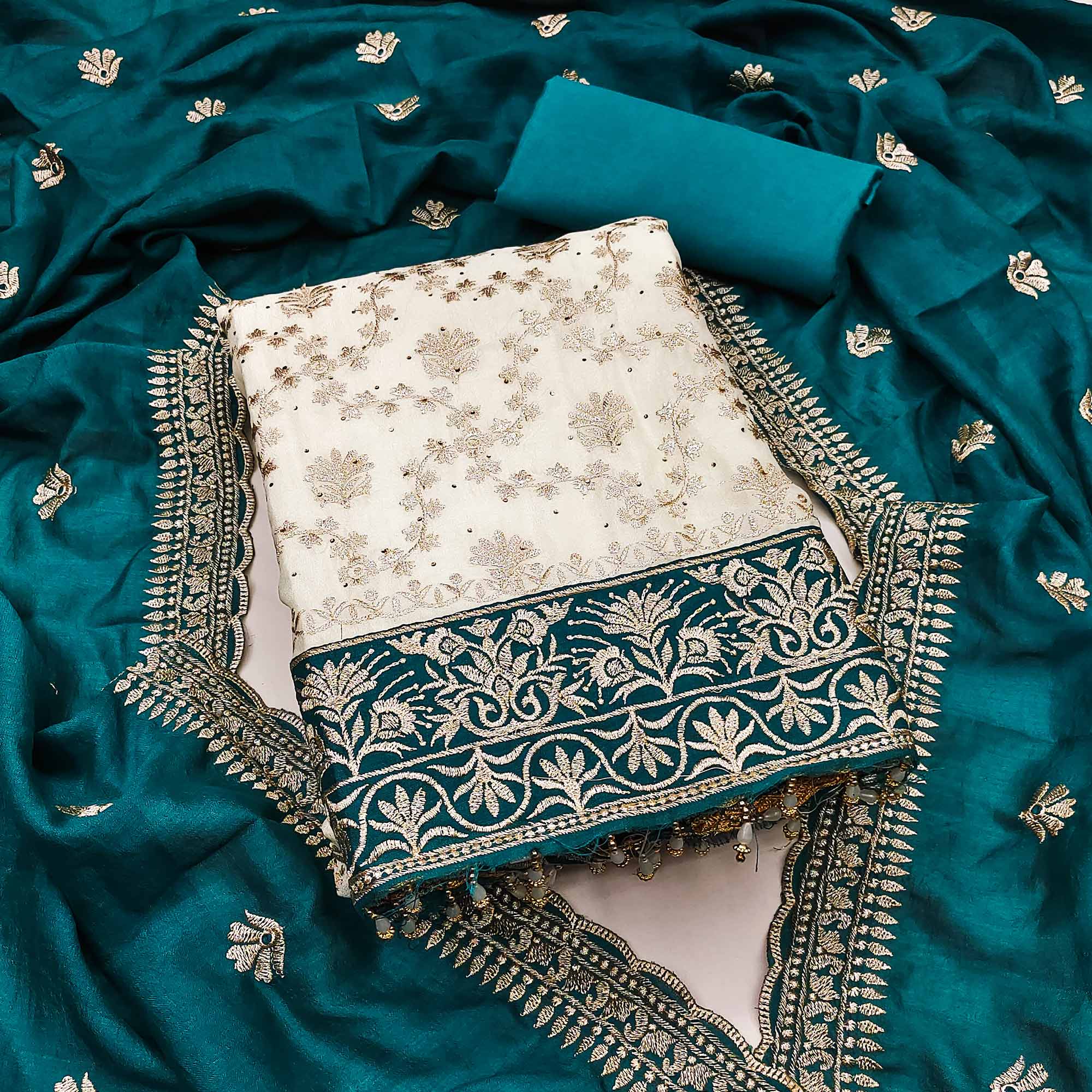 Offwhite & Rama Vichitra Silk Dress Material With Intricate Floral Zari Work