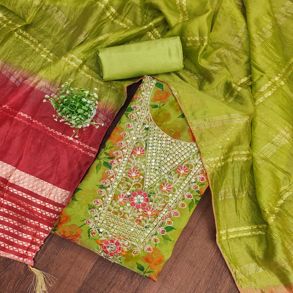 Green Floral Printed Dress Material With Elegant Embroidery on Shimmer Jacquard