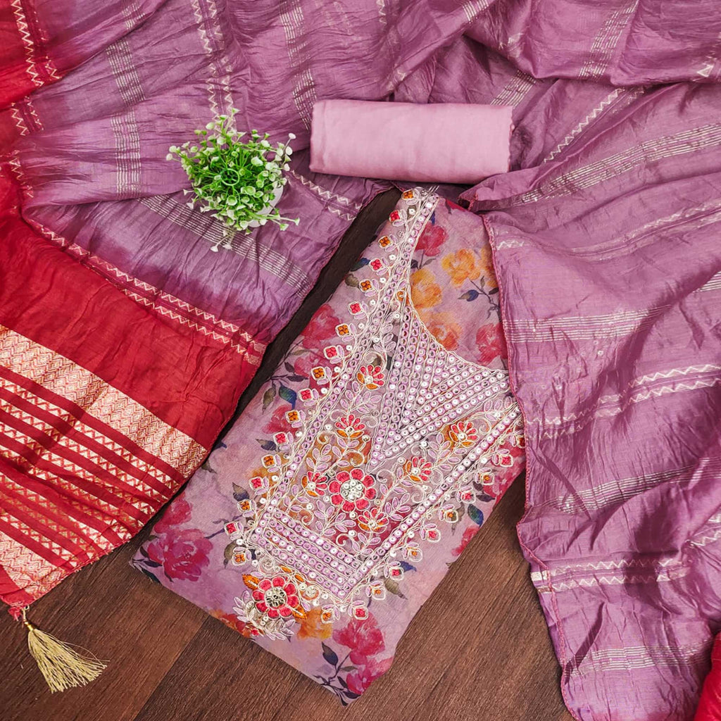 Lavender Floral Printed Dress Material With Elegant Embroidery on Shimmer Jacquard