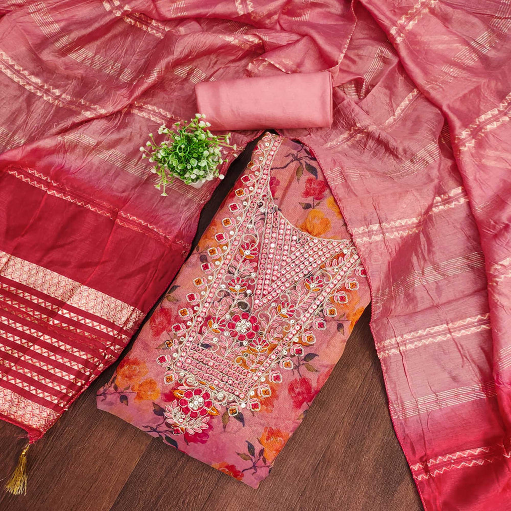 Peach Floral Printed Dress Material With Elegant Embroidery on Shimmer Jacquard