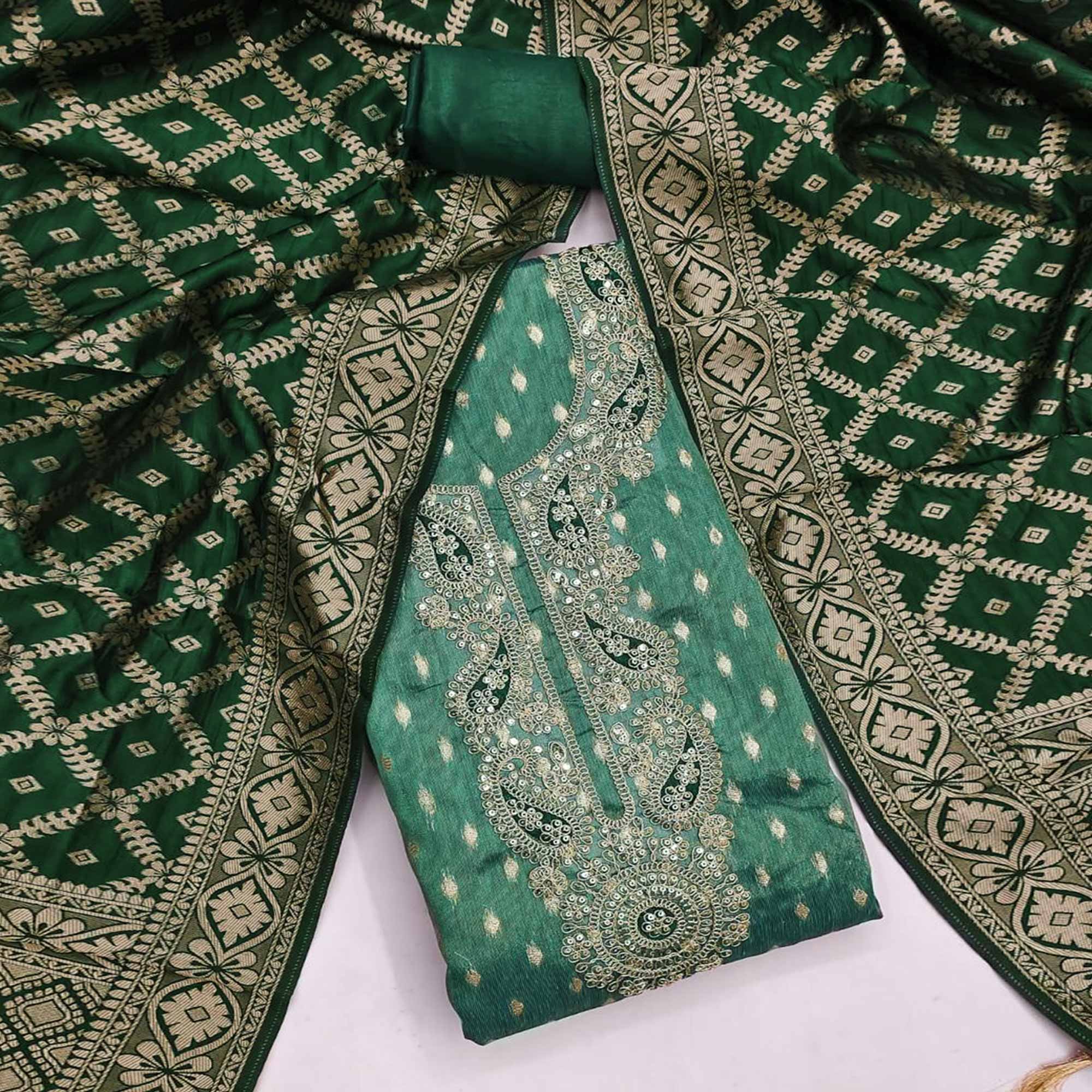 Green Shimmer Jacquard Dress Material With Elegant Weaving & Cording Embroidery Work