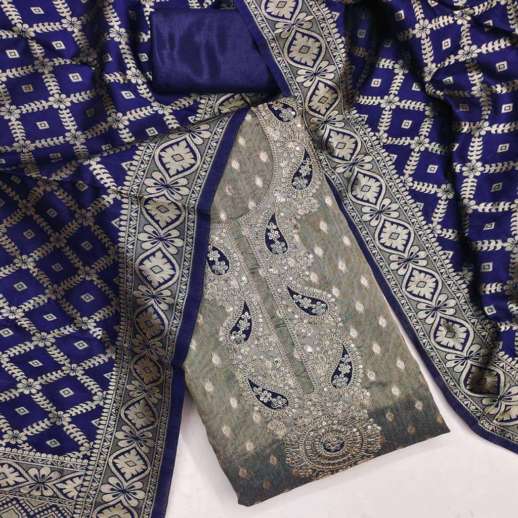 Grey Shimmer Jacquard Dress Material With Elegant Weaving & Cording Embroidery Work