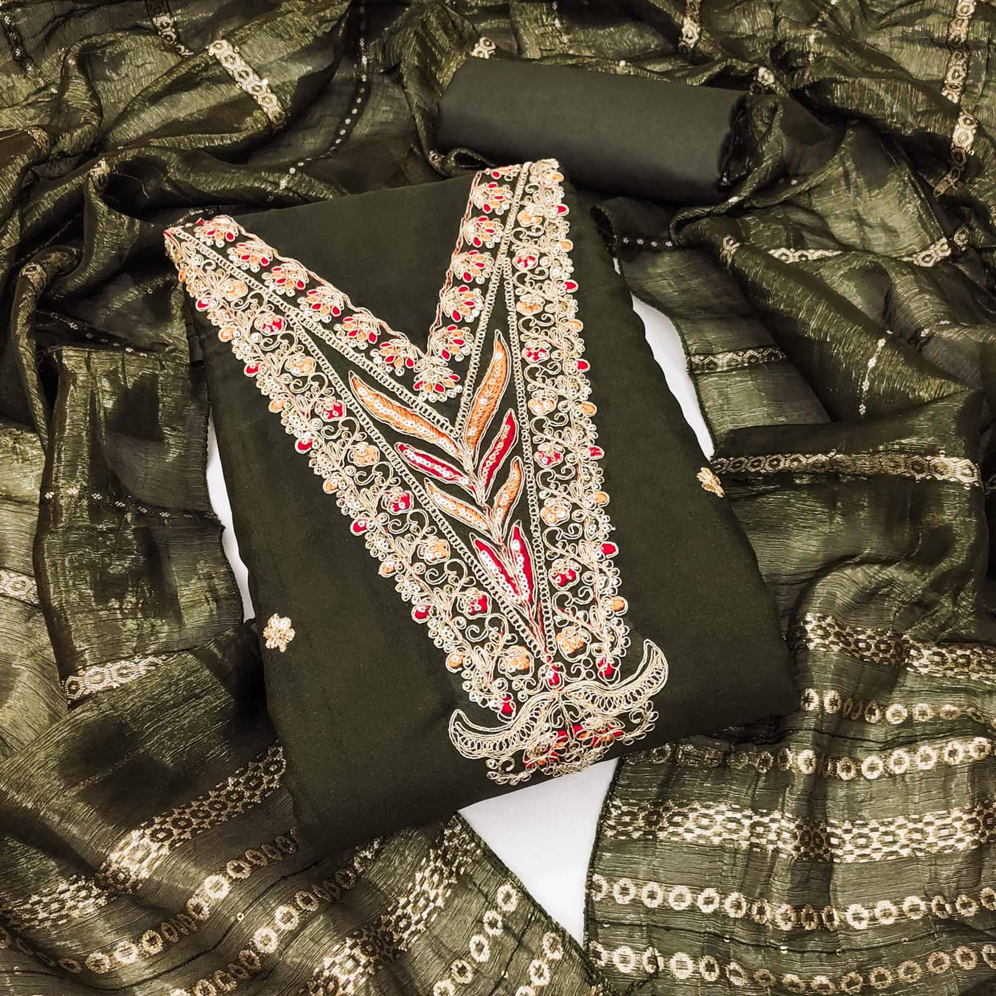 Mehendi Green Georgette Dress Material Embellished With Floral Cording Embroidery & Sequin Accents