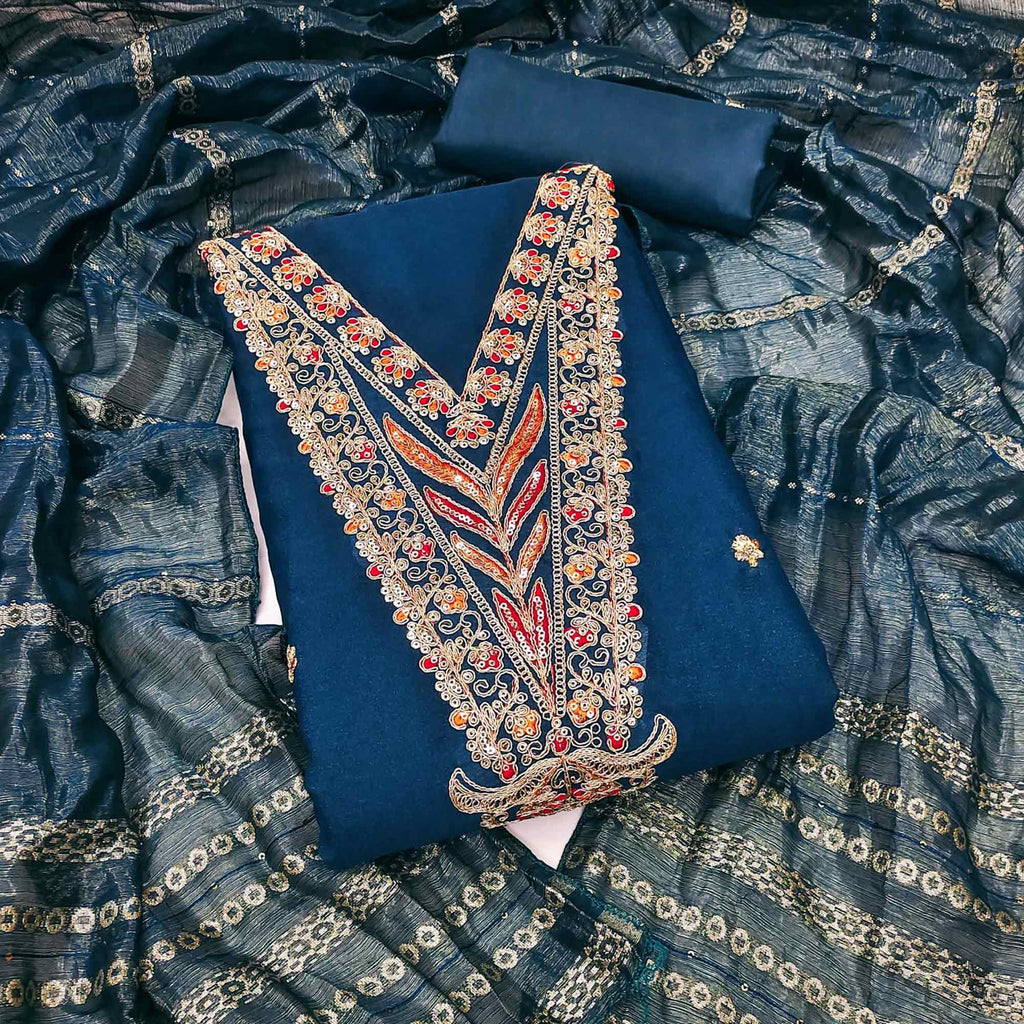 Morpich Blue Georgette Dress Material Embellished With Floral Cording Embroidery & Sequin Accents