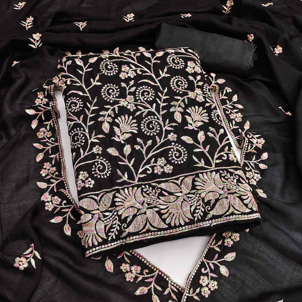 Black Vichitra Silk Dress Material With Elegant Floral Thread Embroidery
