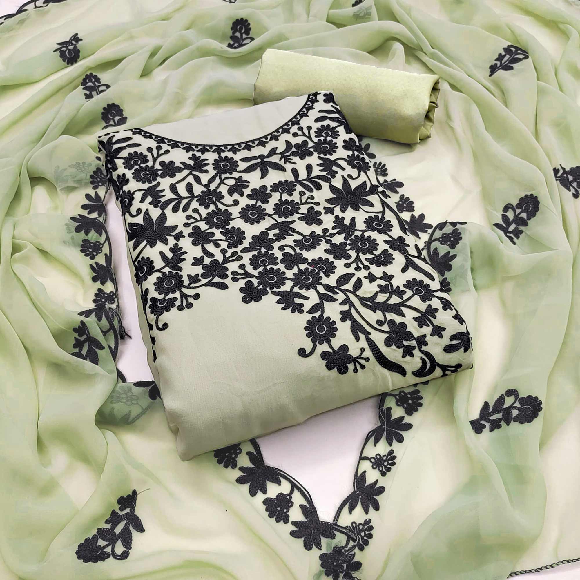 Light Green Georgette Dress Material Adorned With Delicate Floral Thread Embroidery