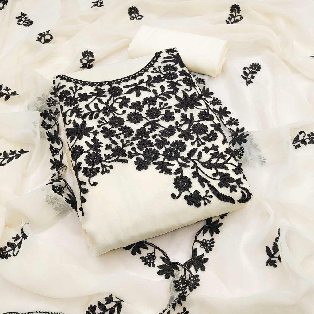 Offwhite Georgette Dress Material Adorned With Delicate Floral Thread Embroidery