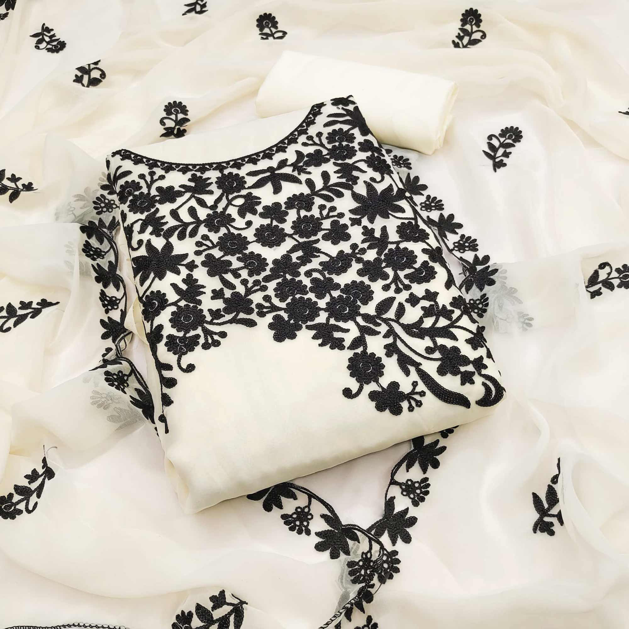 Offwhite Georgette Dress Material Adorned With Delicate Floral Thread Embroidery