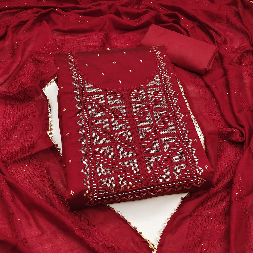 Maroon Sequins Embroidered Dress Material Crafted On Rich Chanderi Silk Jacquard