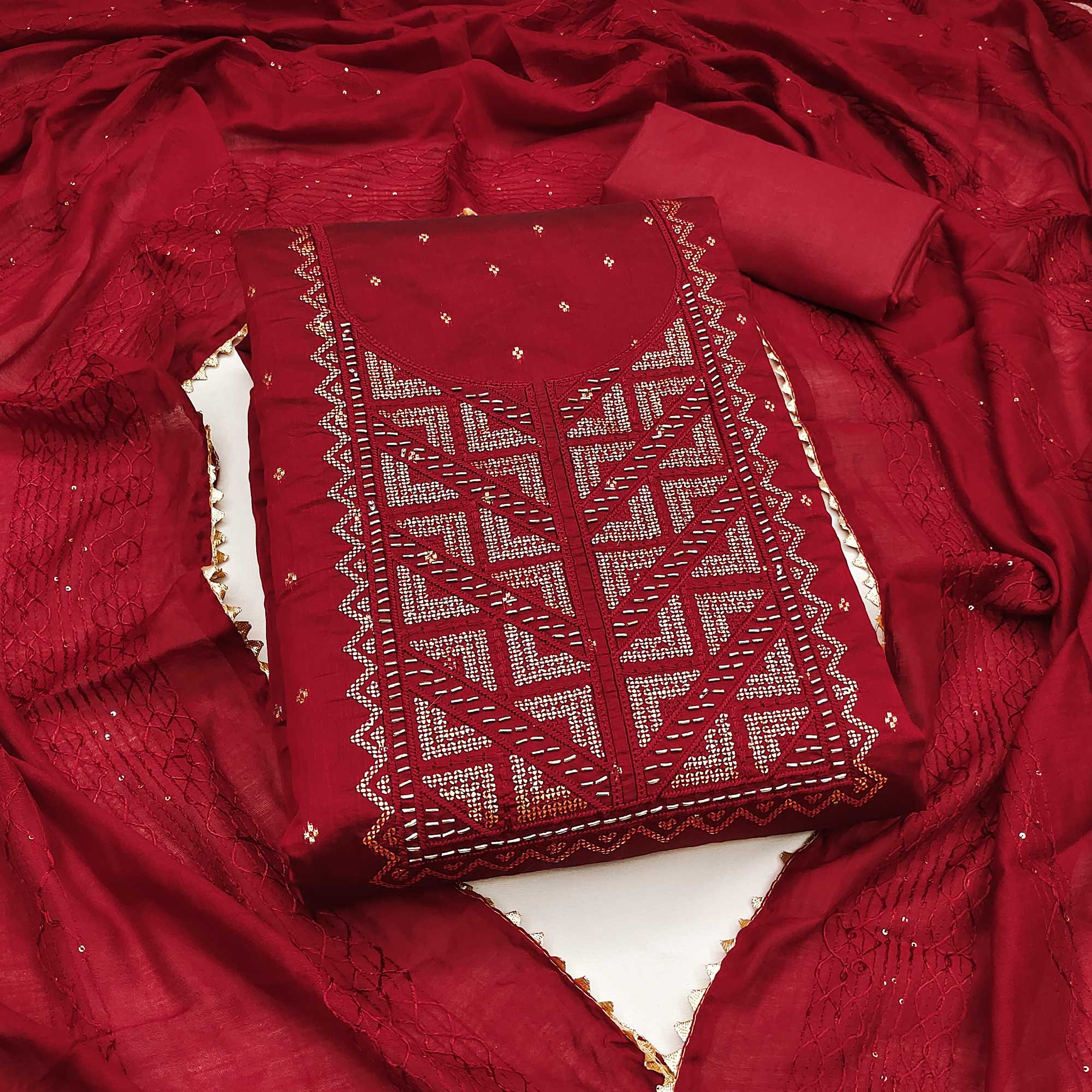 Maroon Sequins Embroidered Dress Material Crafted On Rich Chanderi Silk Jacquard