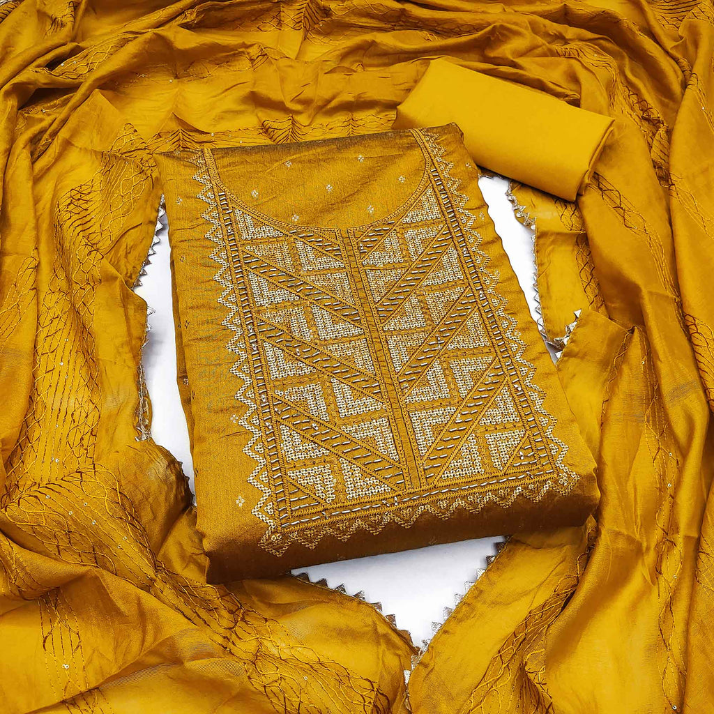 Mustard Sequins Embroidered Dress Material Crafted On Rich Chanderi Silk Jacquard