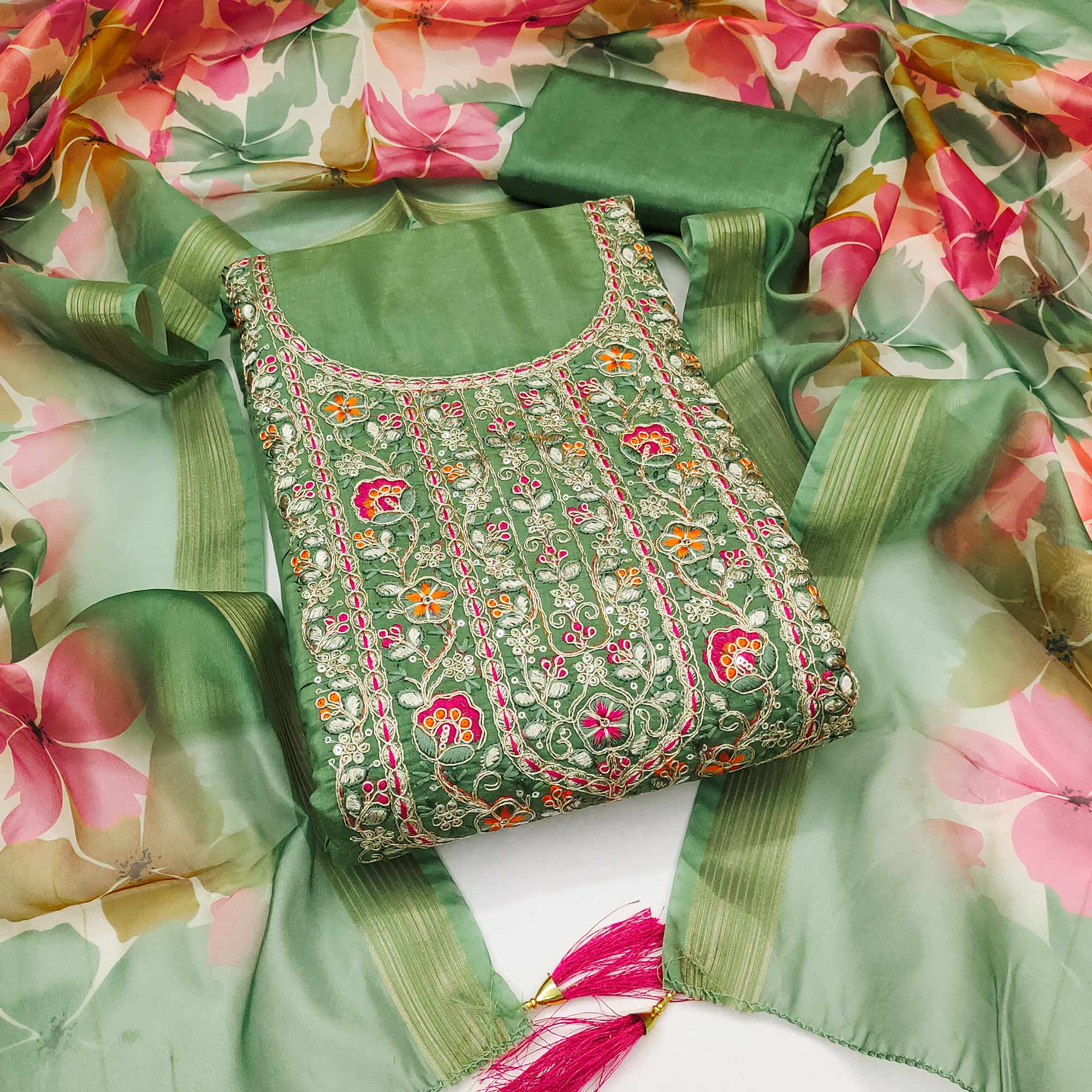 Green Chanderi Silk Unstitched Suit with Embroidered Detailing