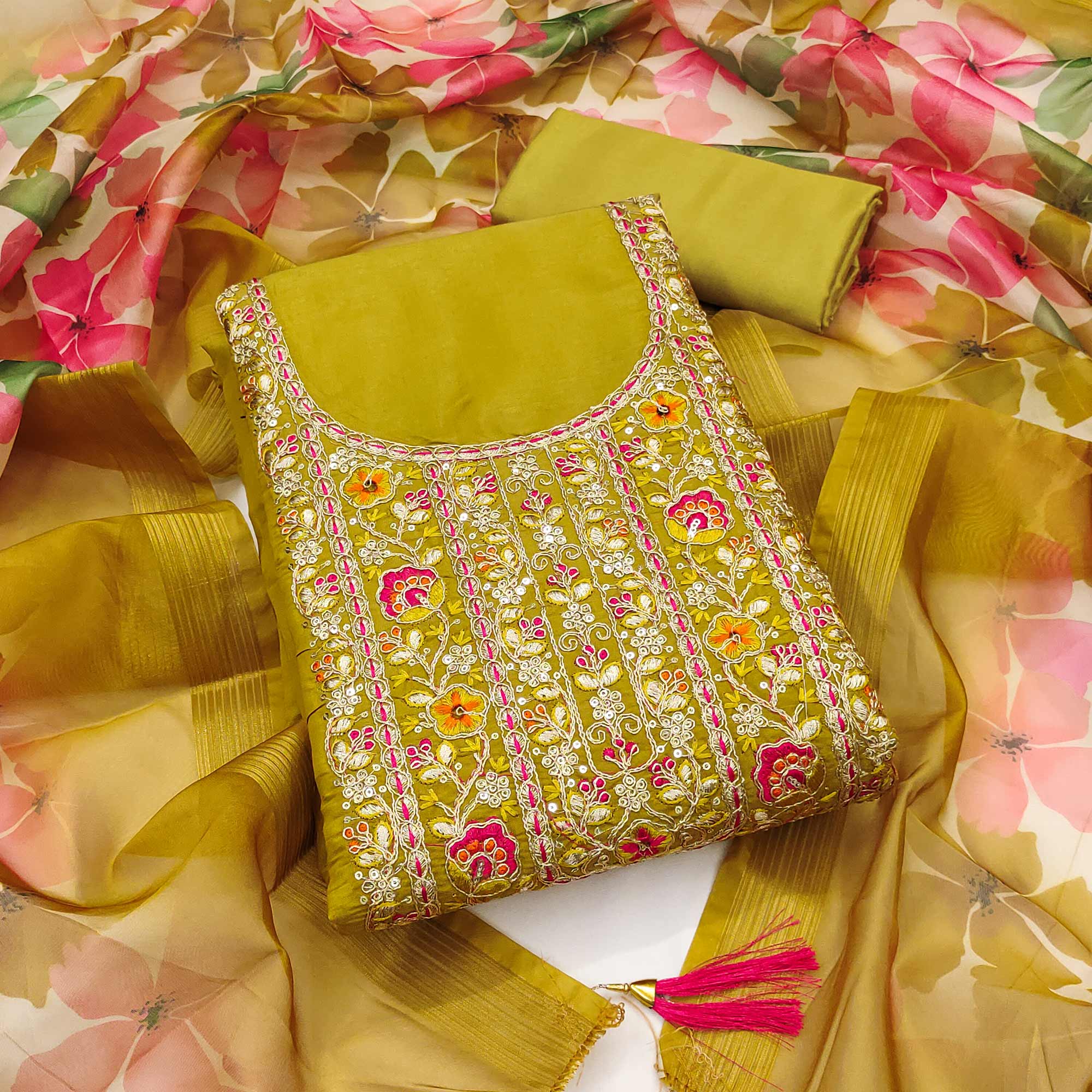 Mustard Chanderi Silk Unstitched Suit with Embroidered Detailing