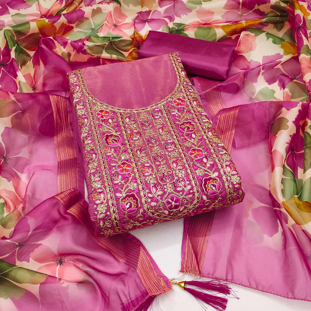 Pink Chanderi Silk Unstitched Suit with Embroidered Detailing