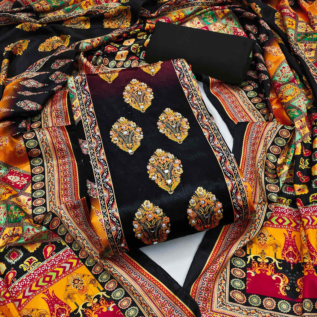 Black Chinon Dress Material With Reflective Mirror Work & Floral Prints