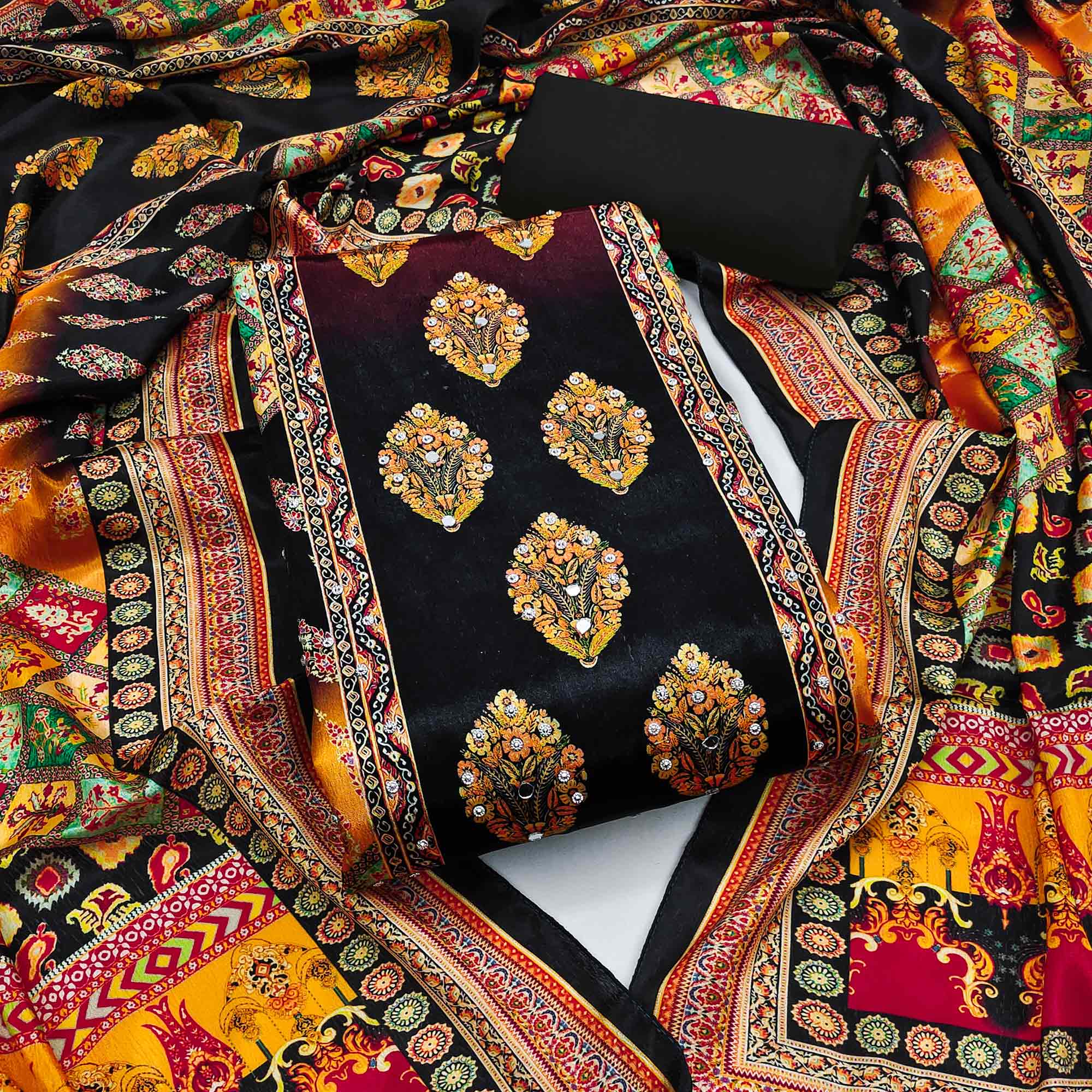 Black Chinon Dress Material With Reflective Mirror Work & Floral Prints