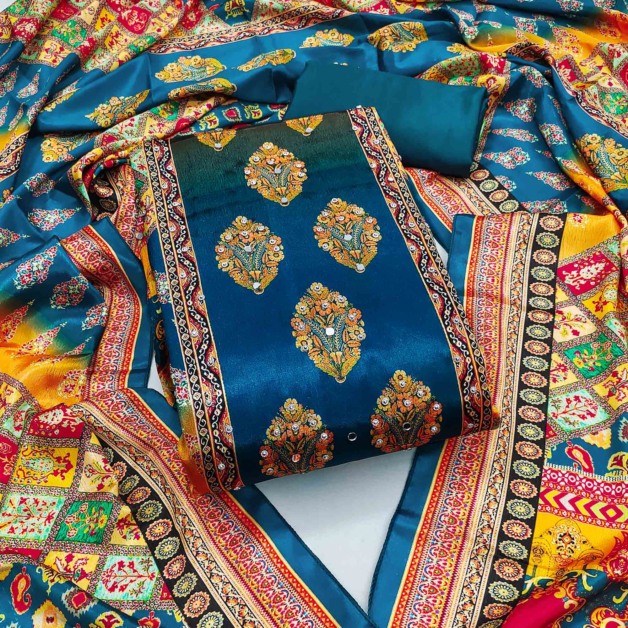 Blue Chinon Dress Material With Reflective Mirror Work & Floral Prints