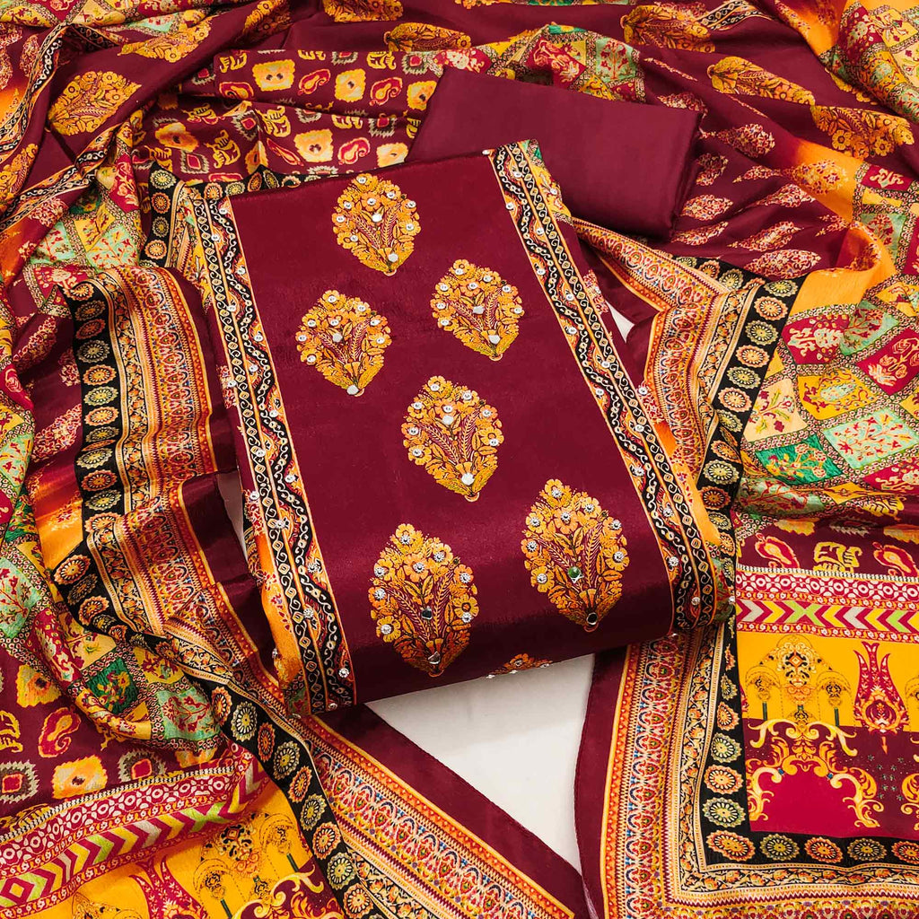 Maroon Chinon Dress Material With Reflective Mirror Work & Floral Prints