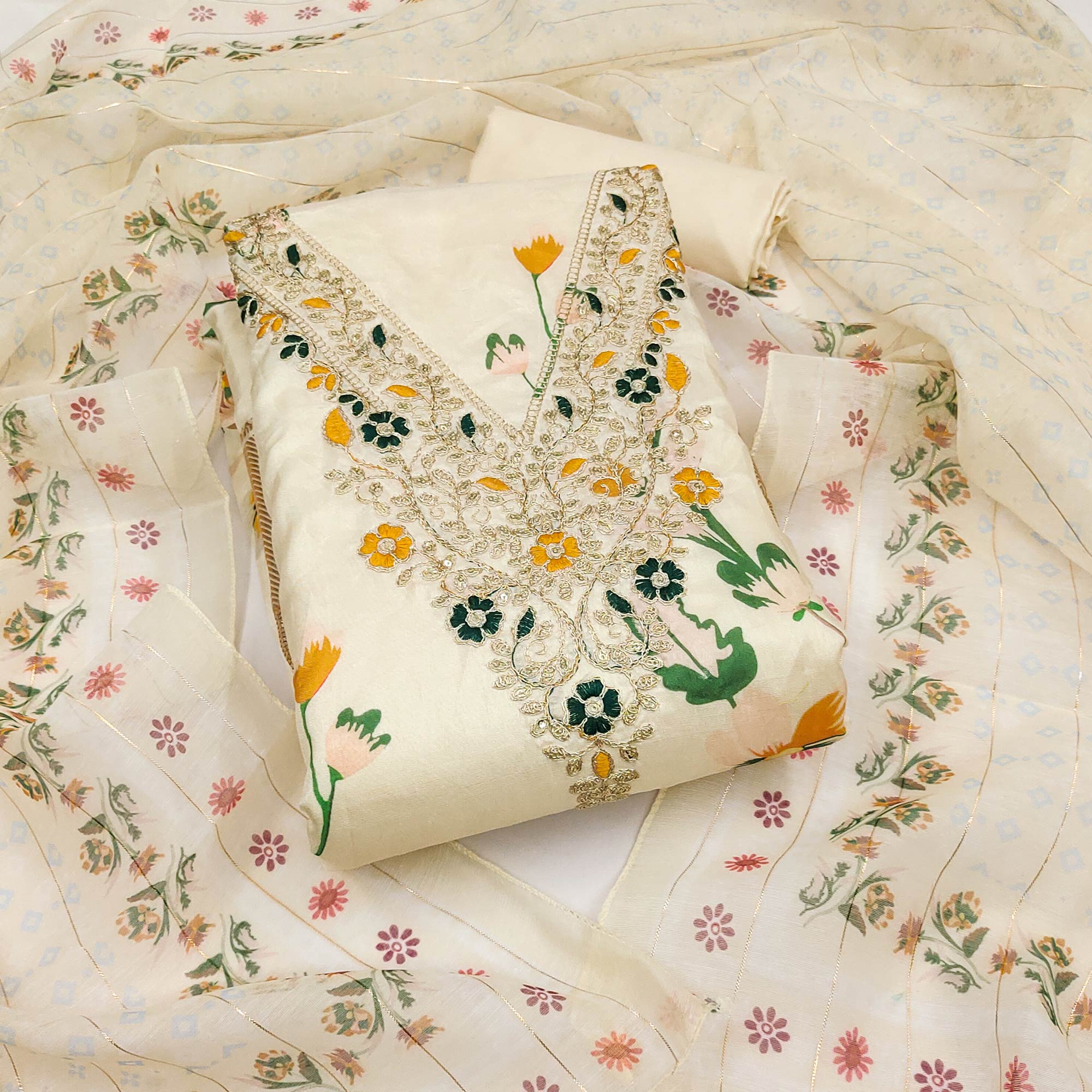 Cream Chanderi Silk Dress Material With Alluring Floral Digital Print & Delicate Cording Embroidery