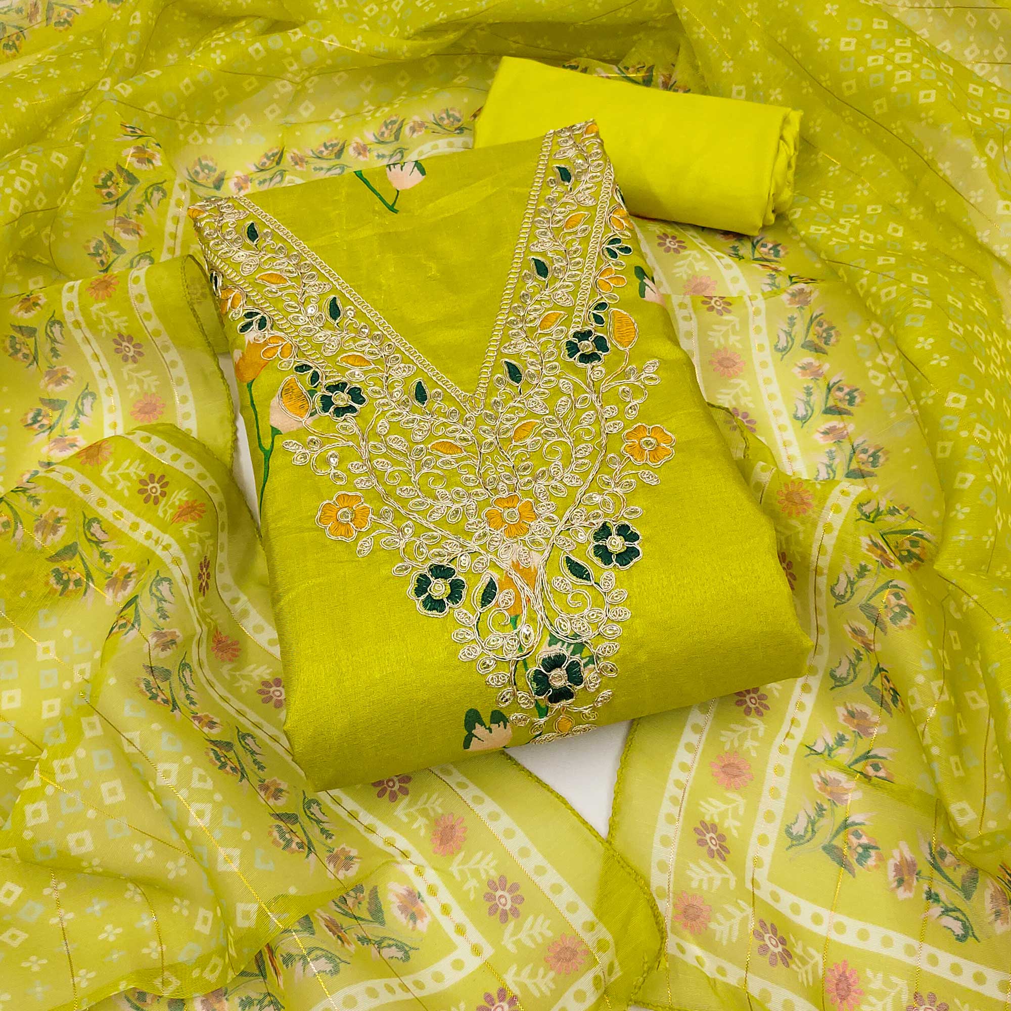Green Chanderi Silk Dress Material With Alluring Floral Digital Print & Delicate Cording Embroidery