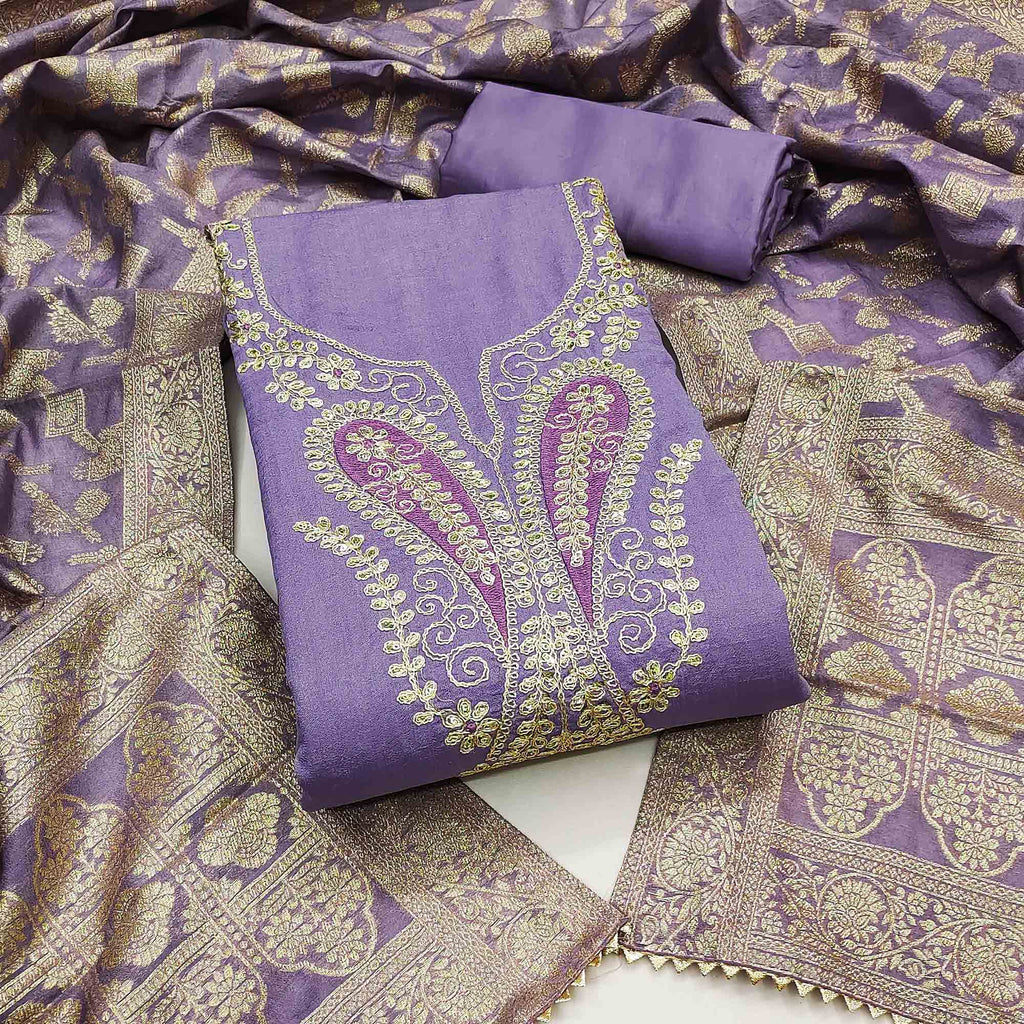 Lavender Vichitra Silk Dress Material Enhanced With Elegant Floral Sequins Cording Embroidery