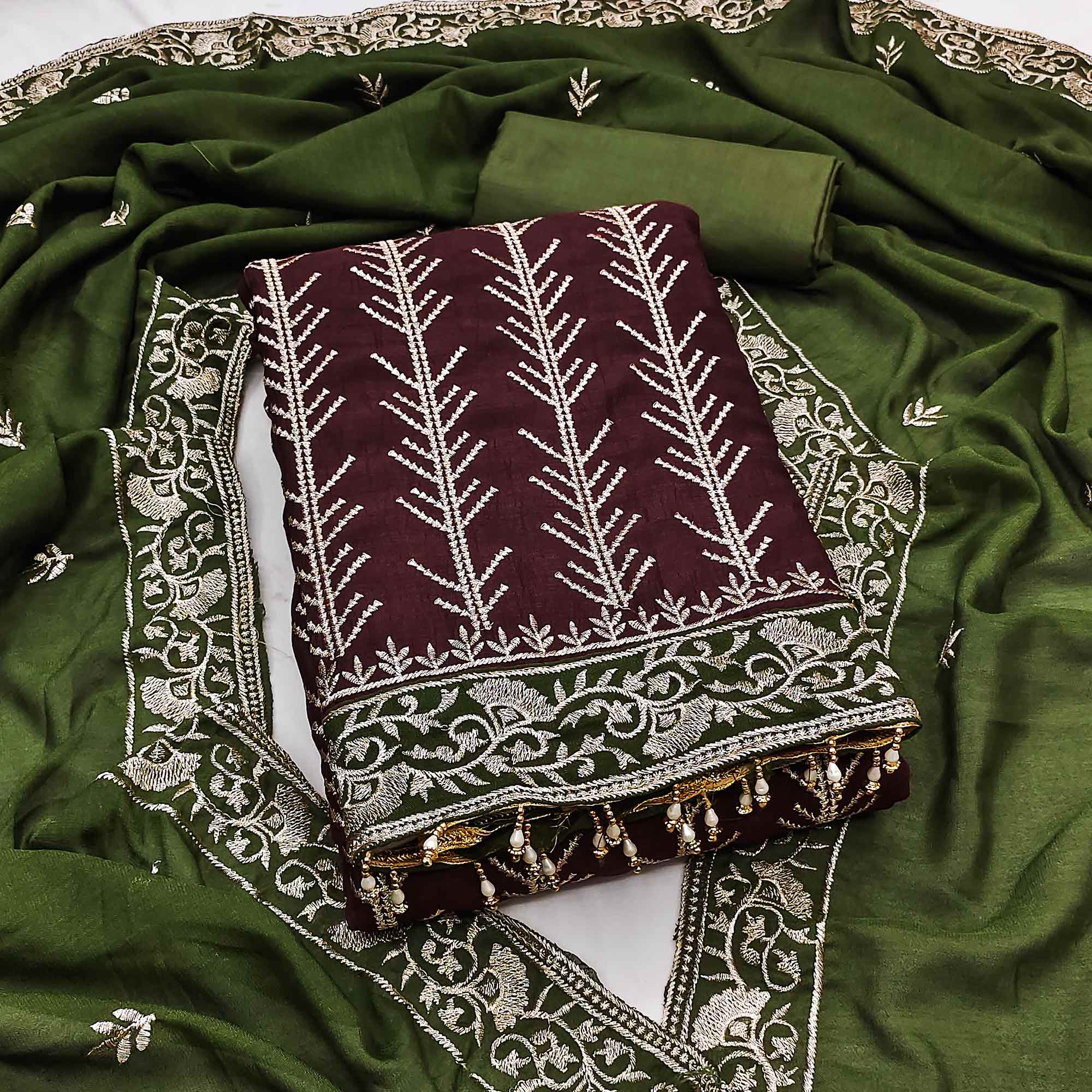 Dark Maroon Vichitra Silk Dress Material Featuring Graceful Floral Embroidery Work