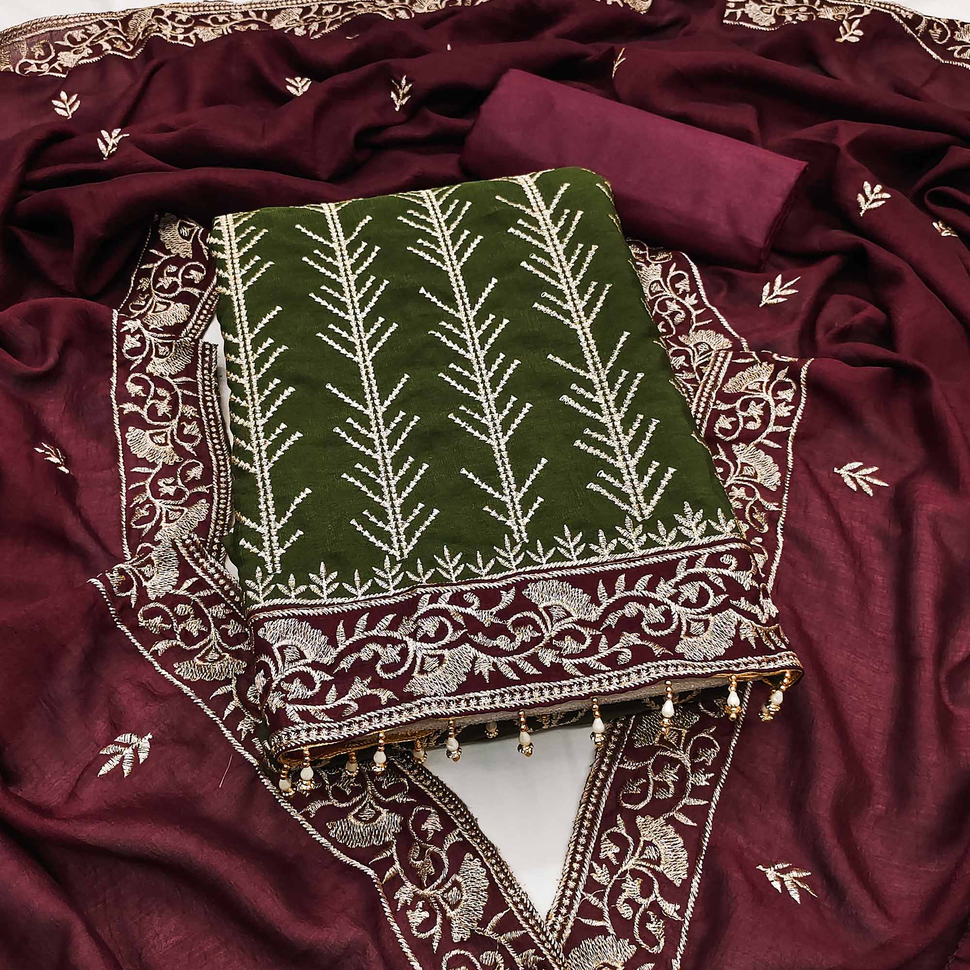 Green Vichitra Silk Dress Material Featuring Graceful Floral Embroidery Work