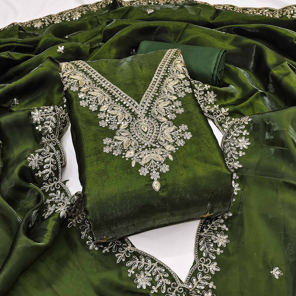 Green Unstitched Organza Suit with Thread Embroidery
