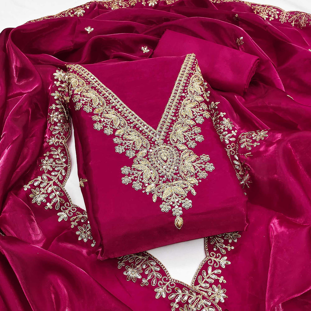 Pink Unstitched Organza Suit with Thread Embroidery