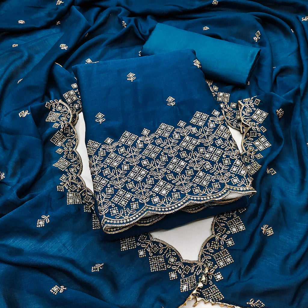 Morpich Blue Vichitra Silk Dress Material Featuring Intricate Floral Embroidery & Sequins Work