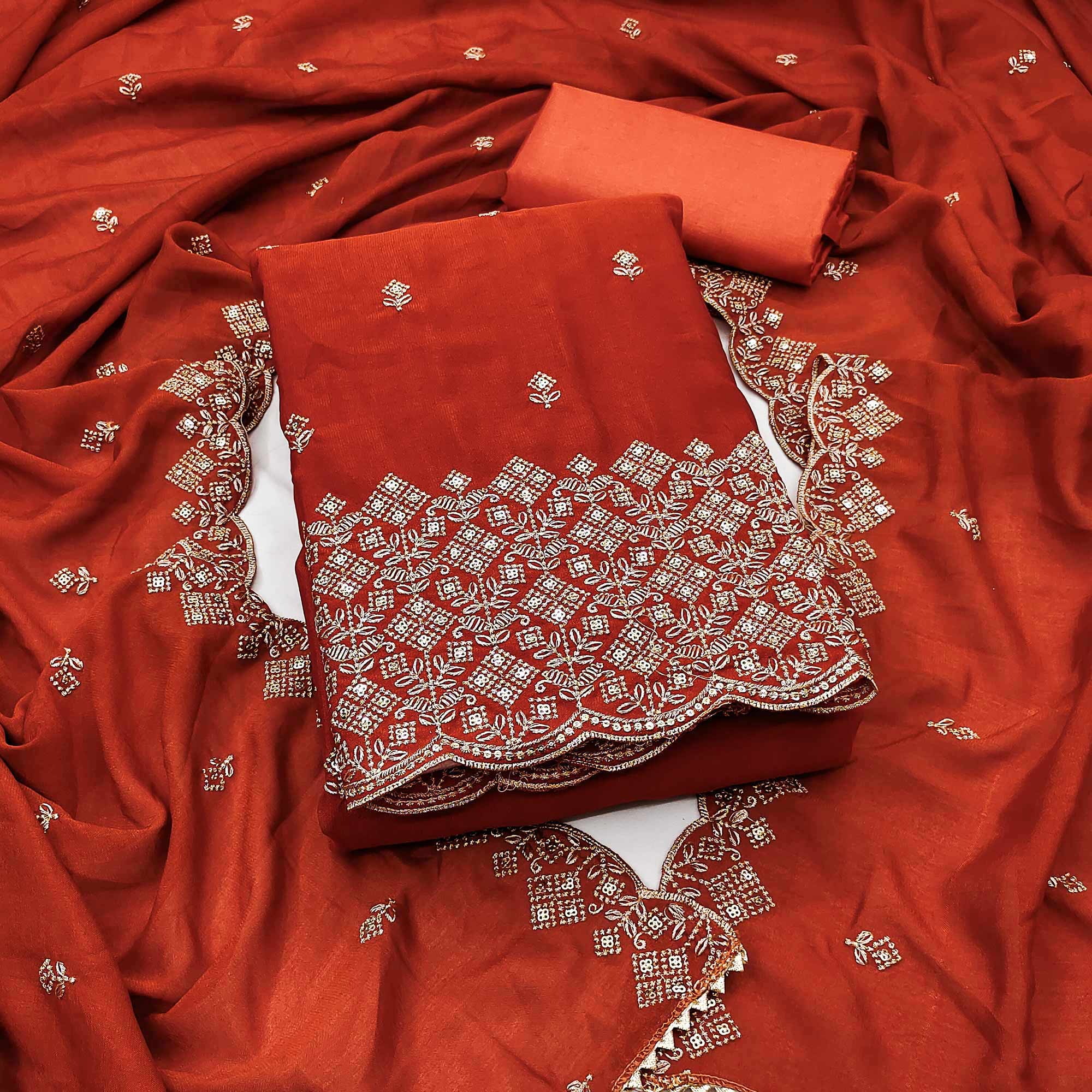 Orange Vichitra Silk Dress Material Featuring Intricate Floral Embroidery & Sequins Work
