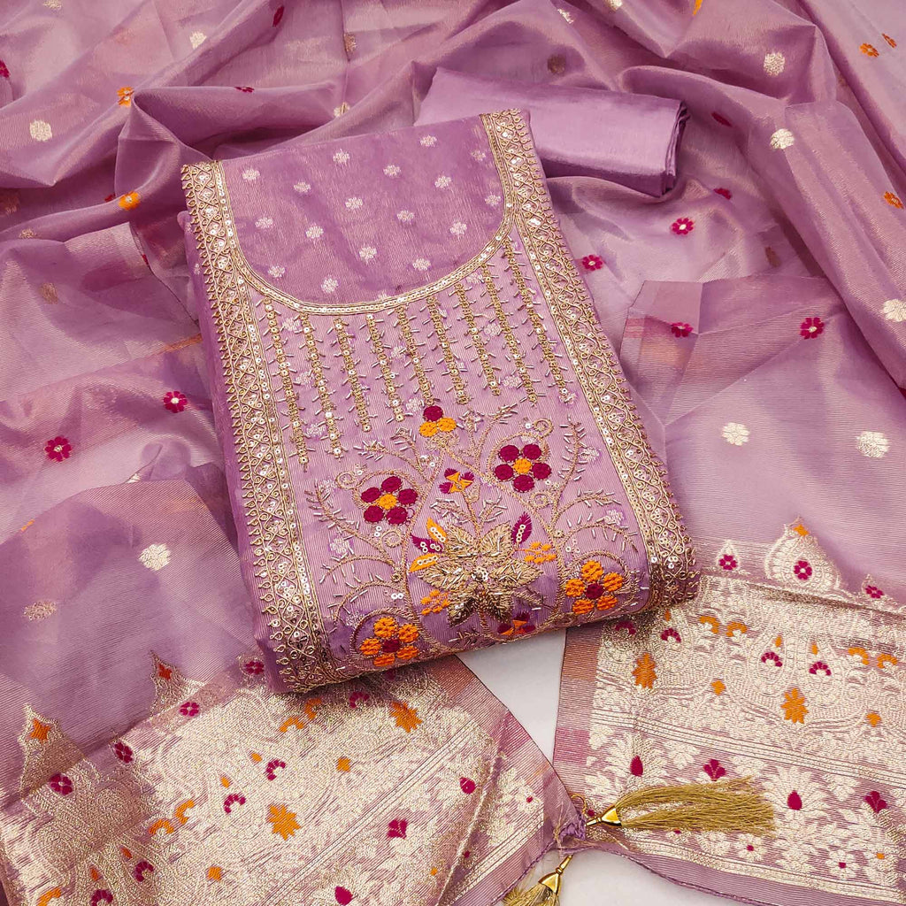 Lavender Shimmer Dress Material Adorned With Graceful Floral Weaving & Delicate Sequins Embroidery