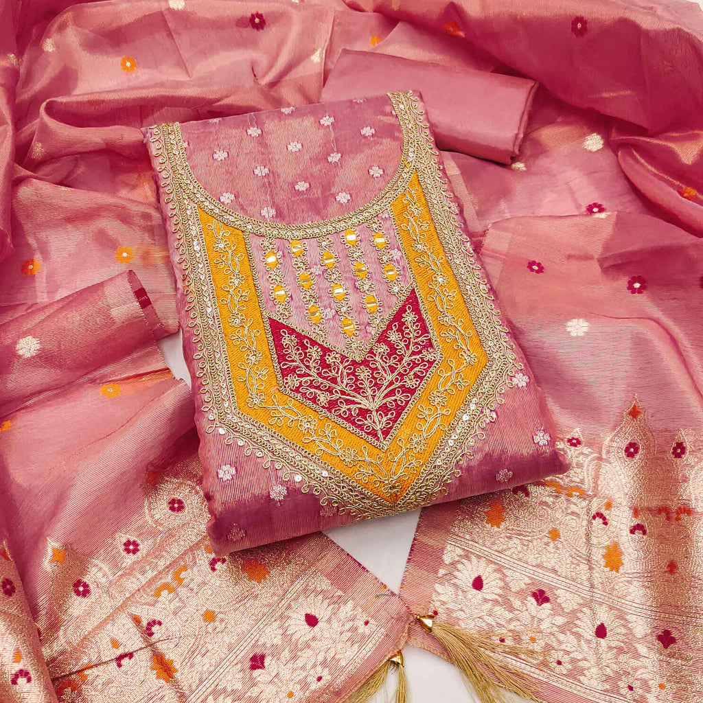 Peach Shimmer Dress Material Featuring Floral Weaving & Sparkling Sequins Embroidery