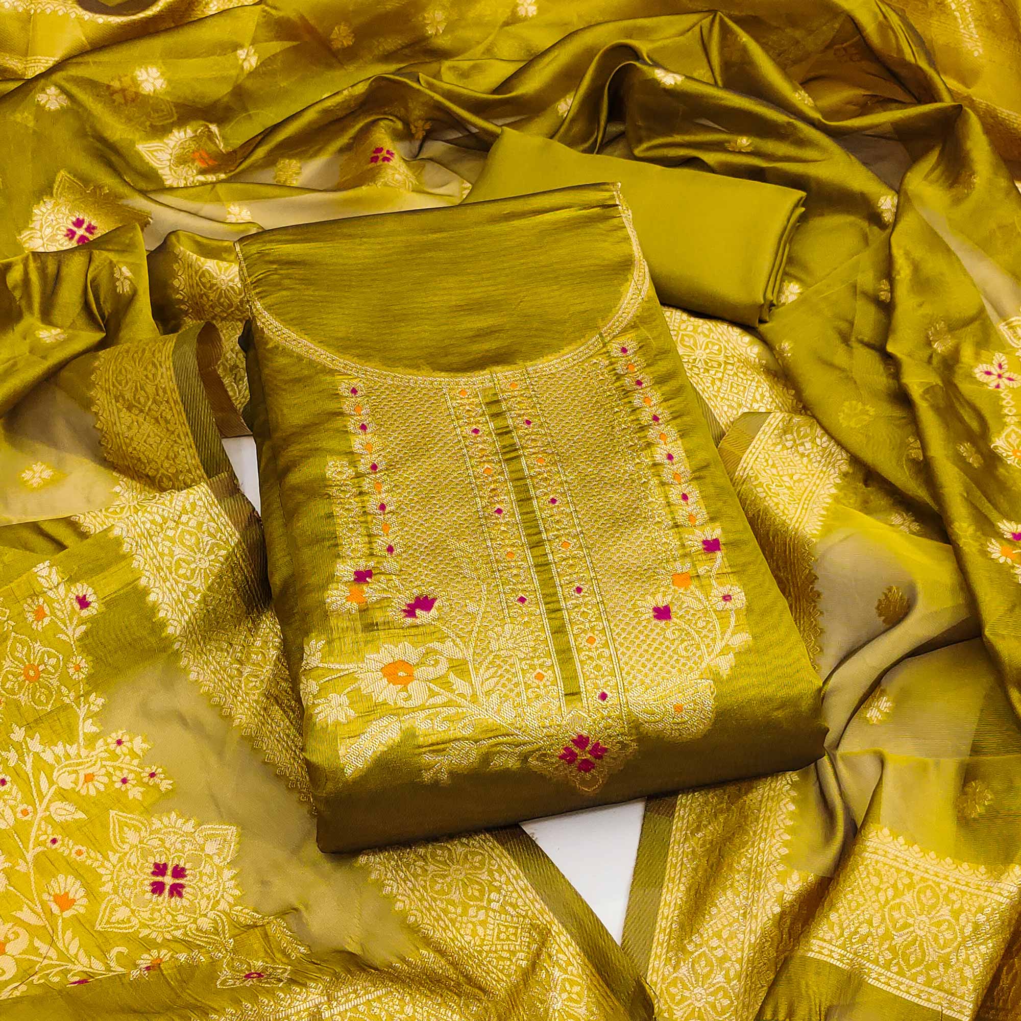 Dark Mustard Organza Silk Dress Material Adorned With Exquisite Floral Zari Weaving Work