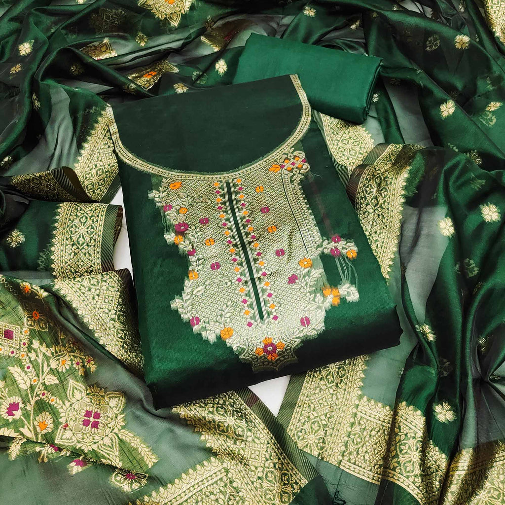 Green Organza Silk Dress Material Adorned With Exquisite Floral Zari Weaving Work