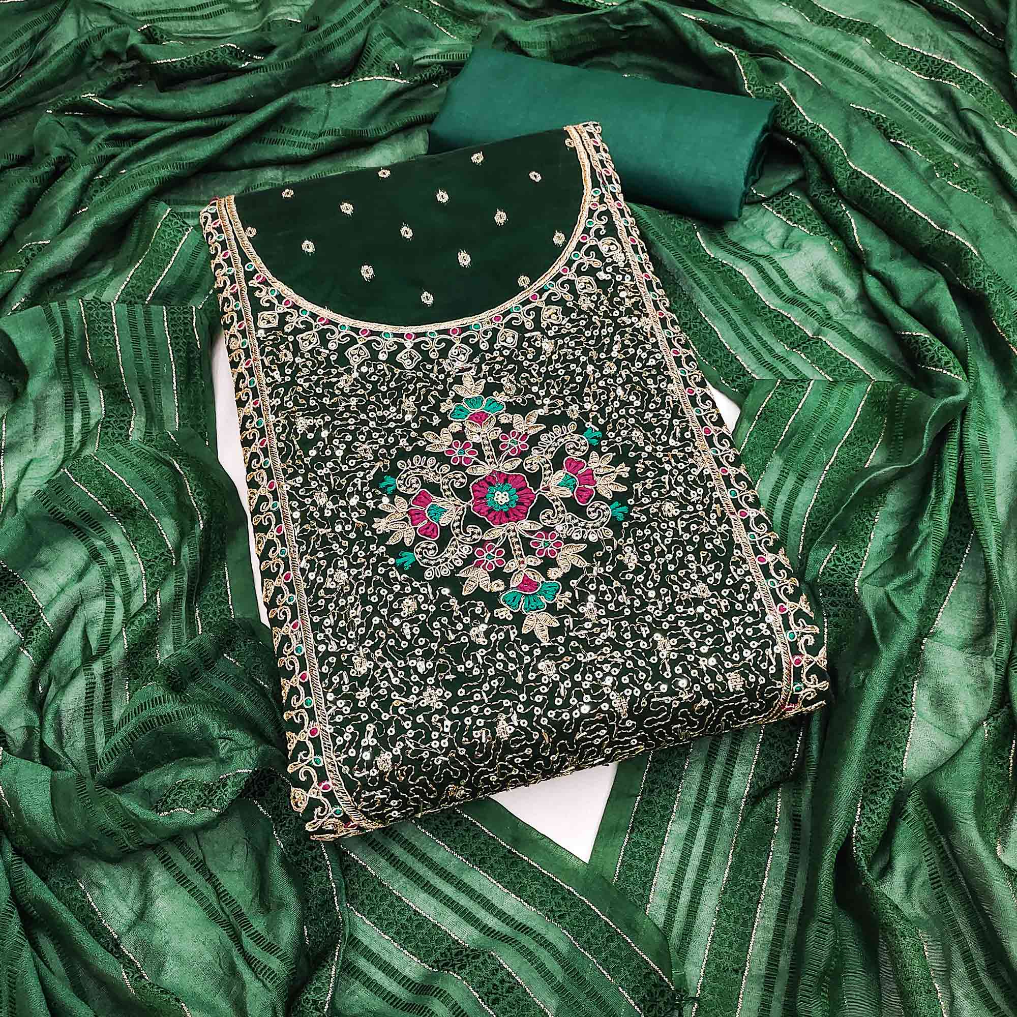 Green Floral Butti Jacquard Chanderi Silk Dress Material Enhanced With Sparkling Sequins Embroidery