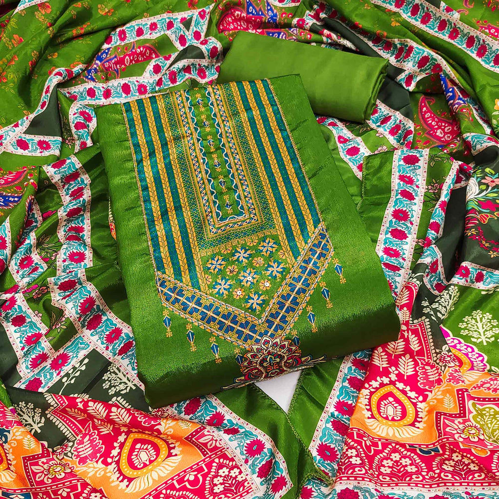 Green Digital Printed Chinon Dress Material With Sequins & Handwork Embellishment