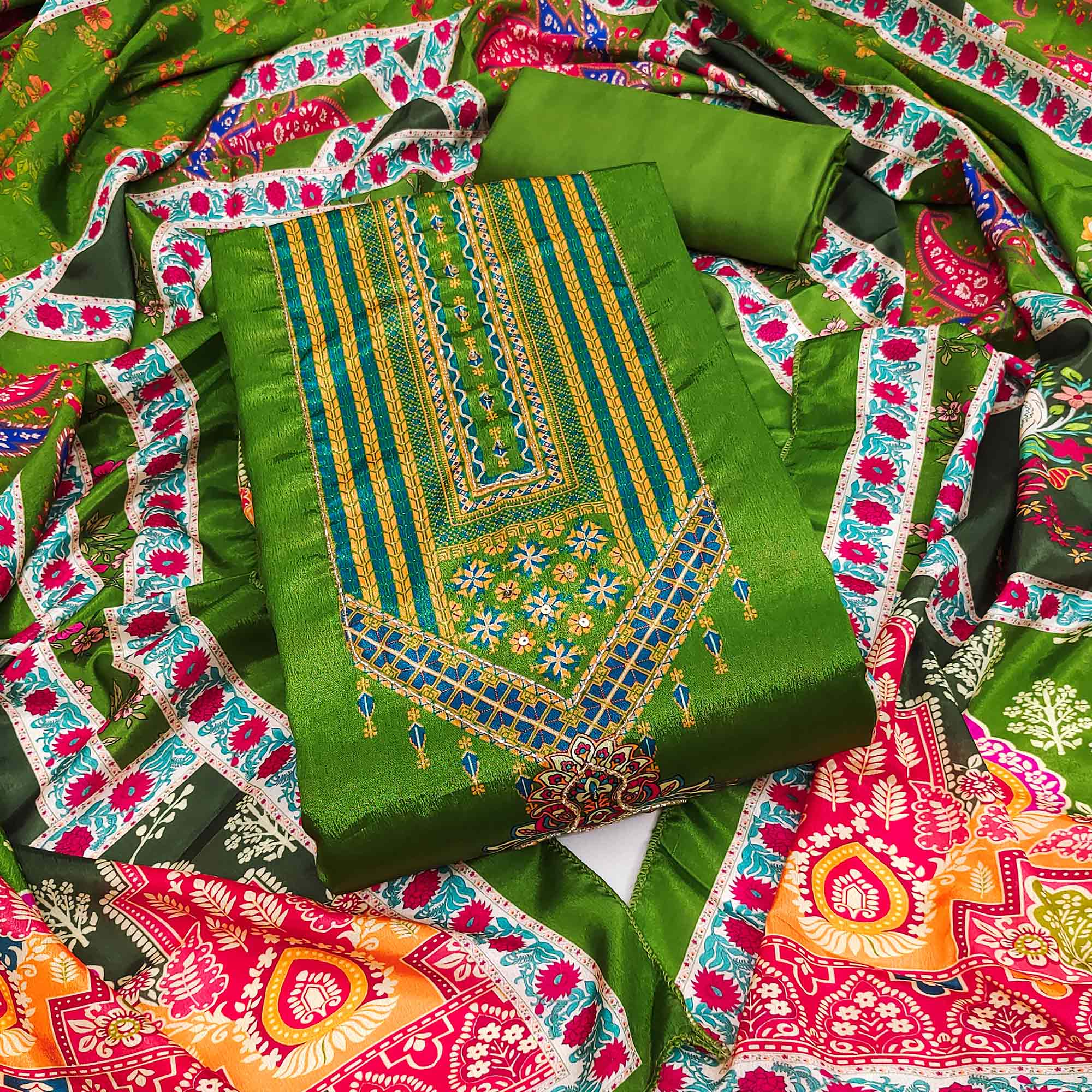 Green Digital Printed Chinon Dress Material With Sequins & Handwork Embellishment