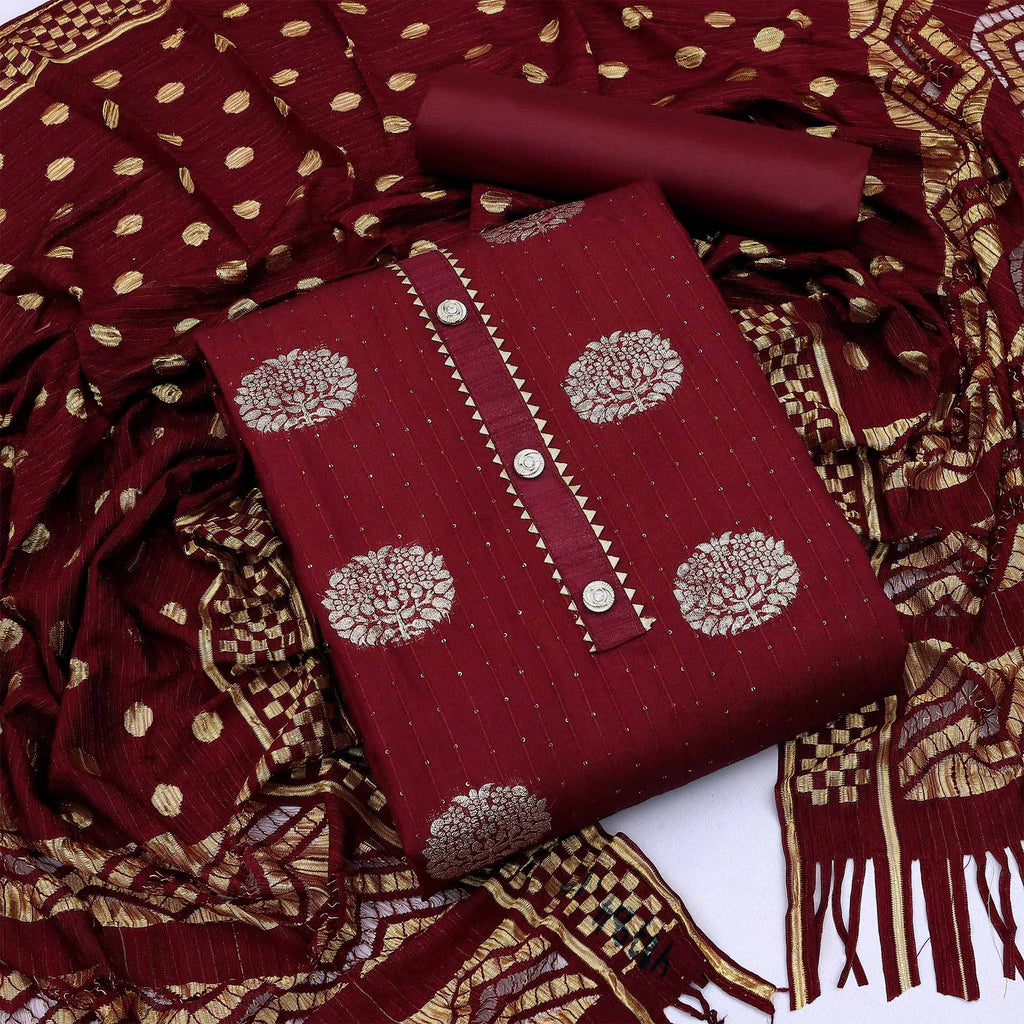 Maroon Woven Jacquard Dress Material