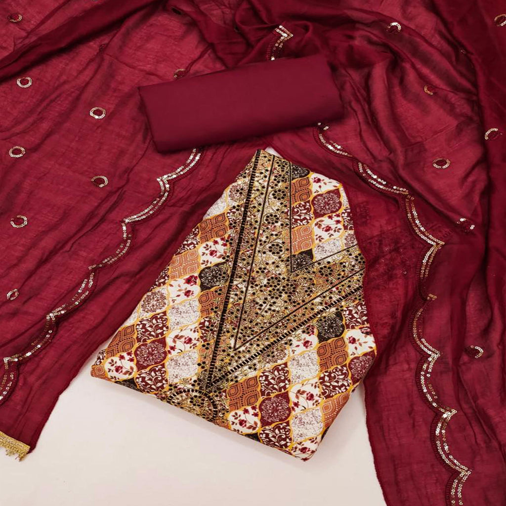 Maroon Digital Printed With Embroidered Cotton Blend Dress Material