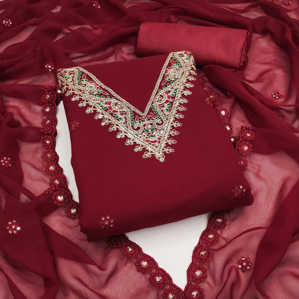 Maroon Sequins Embroidered Georgette Dress Material